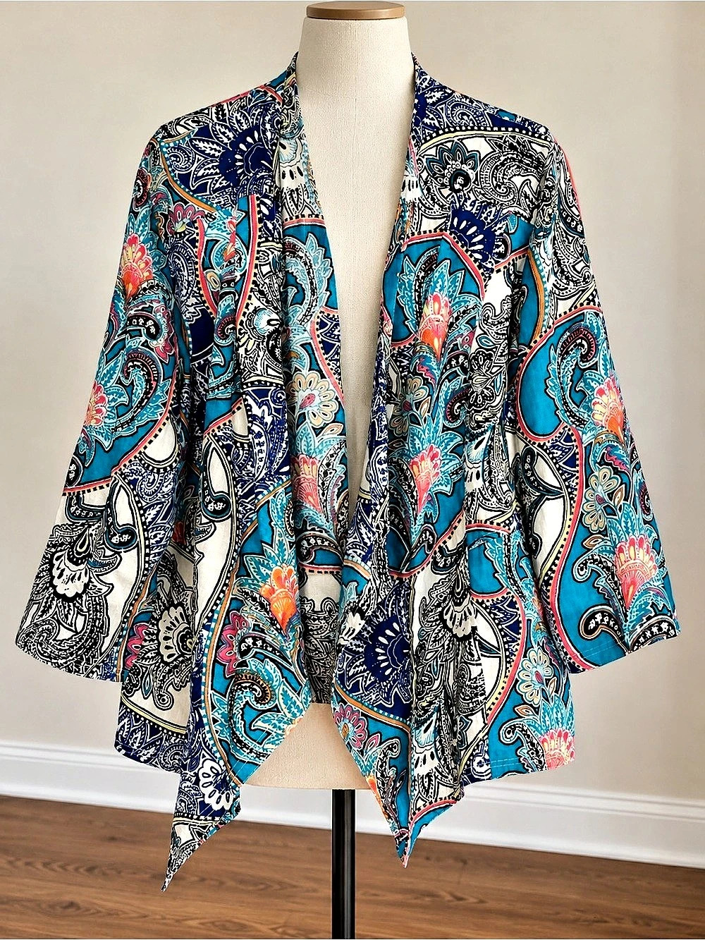 Chico's Linen Open Front Cardigan Paisley Cape Blue & Turquoise Size 3